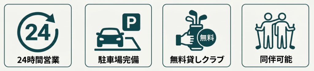 24時間営業・駐車場完備・無料貸しクラブ・同伴可能